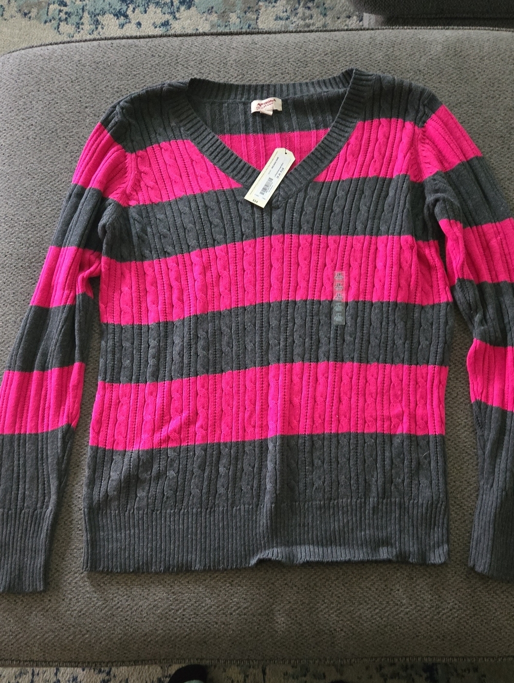 Arizona Jean Company Striped V-Neck Sweater in Hot Pink and Charcoal